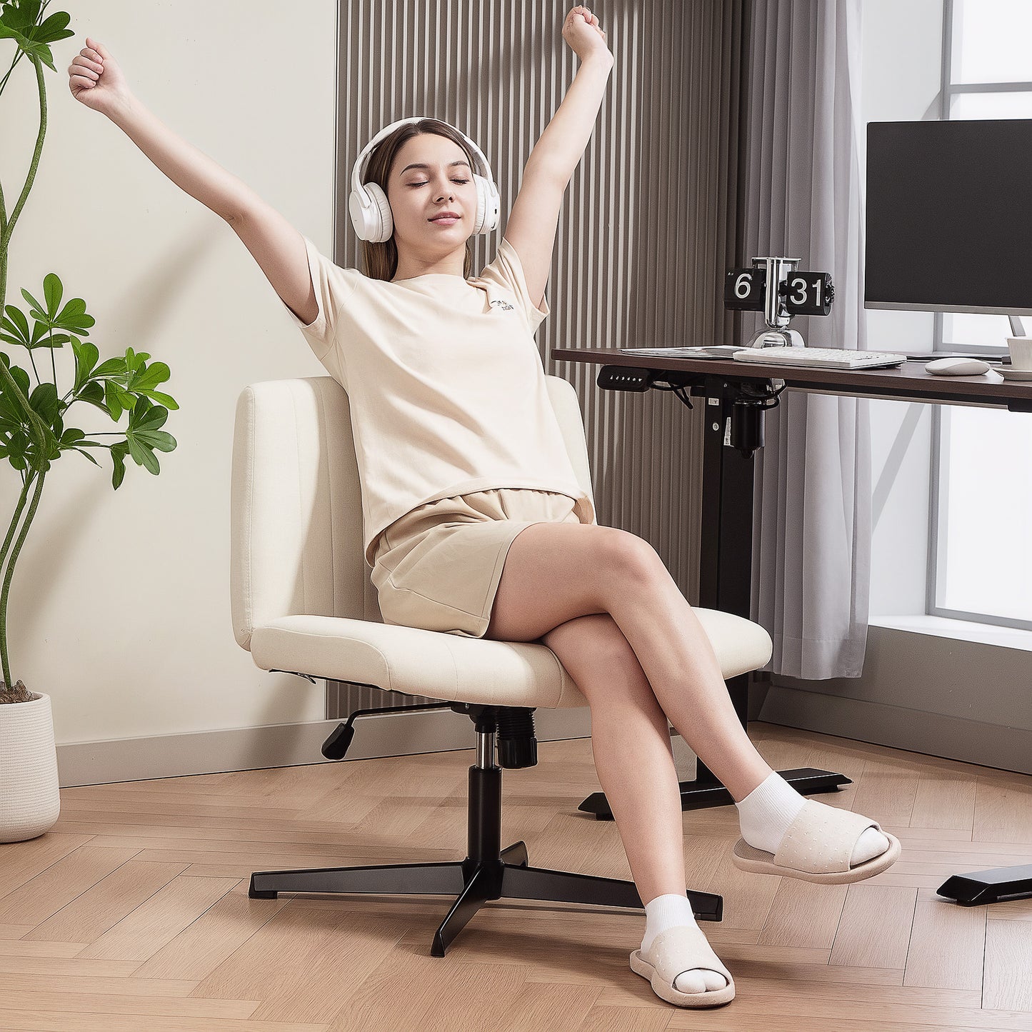 Armless Office Chair No Wheels, Linen Fabric Criss Cross Legged Desk Chair with Wide Seat, Thick Padding, Tilt Function