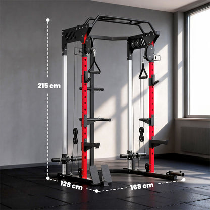 Power Cage, Power Rack with Adjustable Cable Pulley System, Pull-Up Bar, Dip Station, Landmine