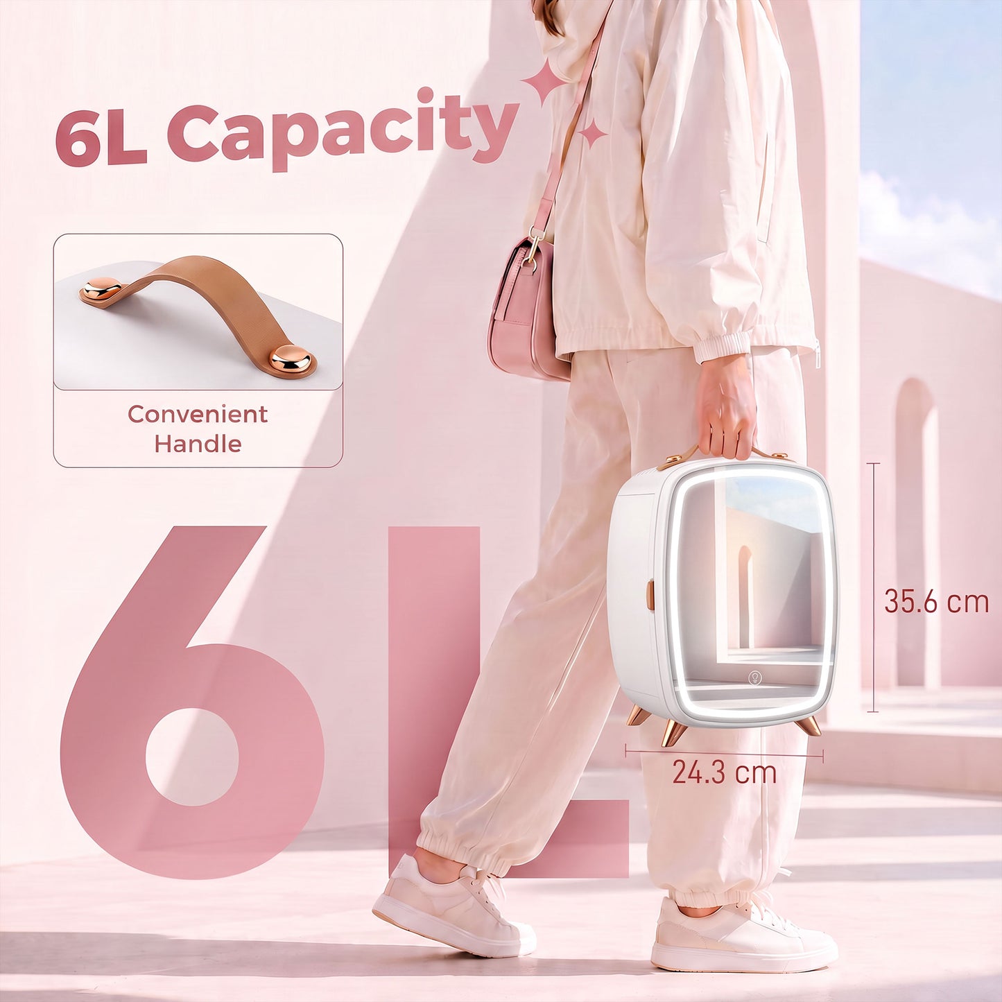 Skincare Refrigerator, 6L Mini Cosmetic Fridge with LED Mirror, Cooling Function for Bedroom, Skincare, Office, White