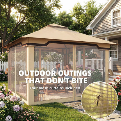 3.3 x 3.3 m Outdoor Garden Gazebo with Post Shelves, UPF50+ Patio Permanent Pavilion with Hook, Khaki