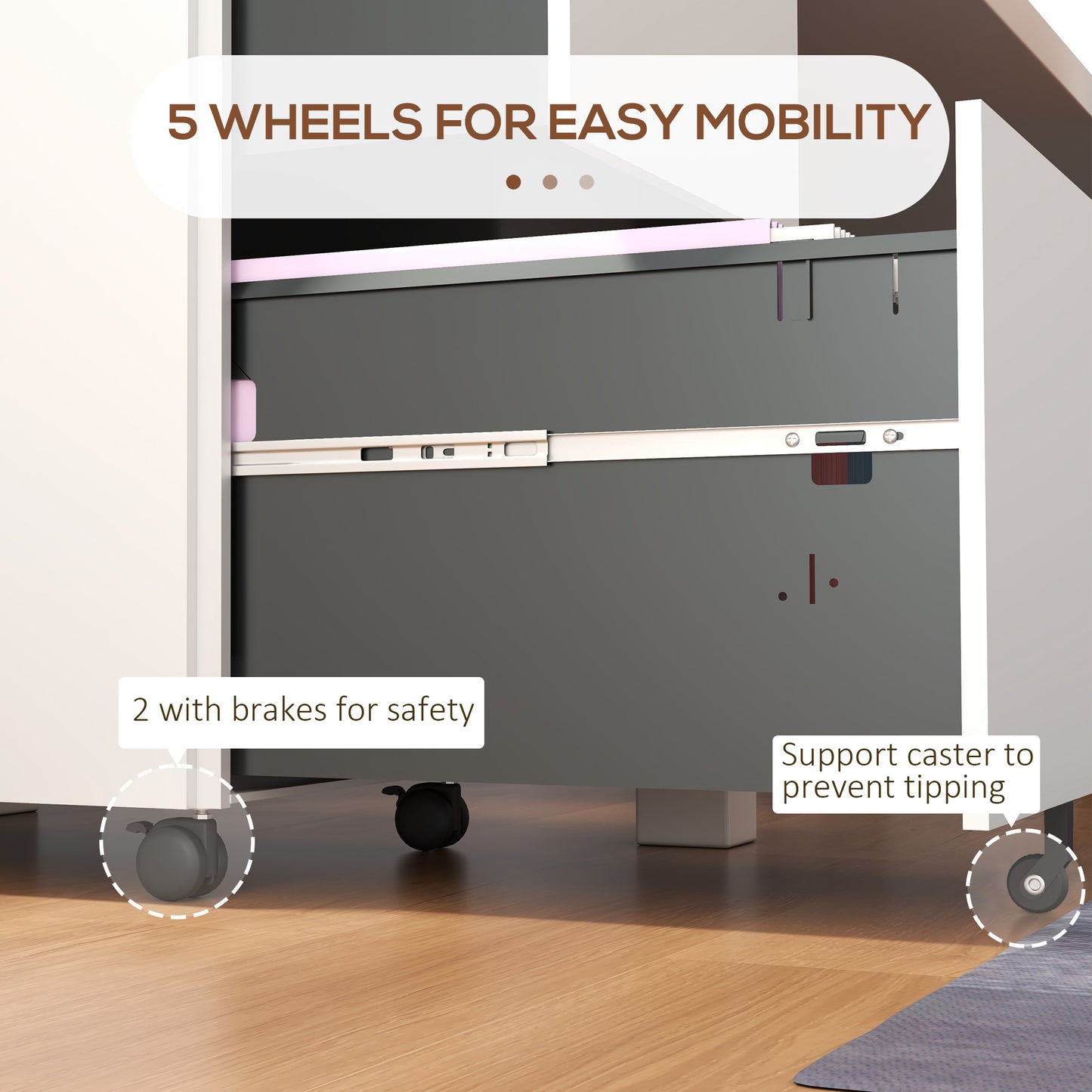 2-Drawer Filing Cabinet with Lock and 5 Wheels, Steel Mobile File Cabinet, for A4, Legal and Letter Size, Pre-Assembled Body