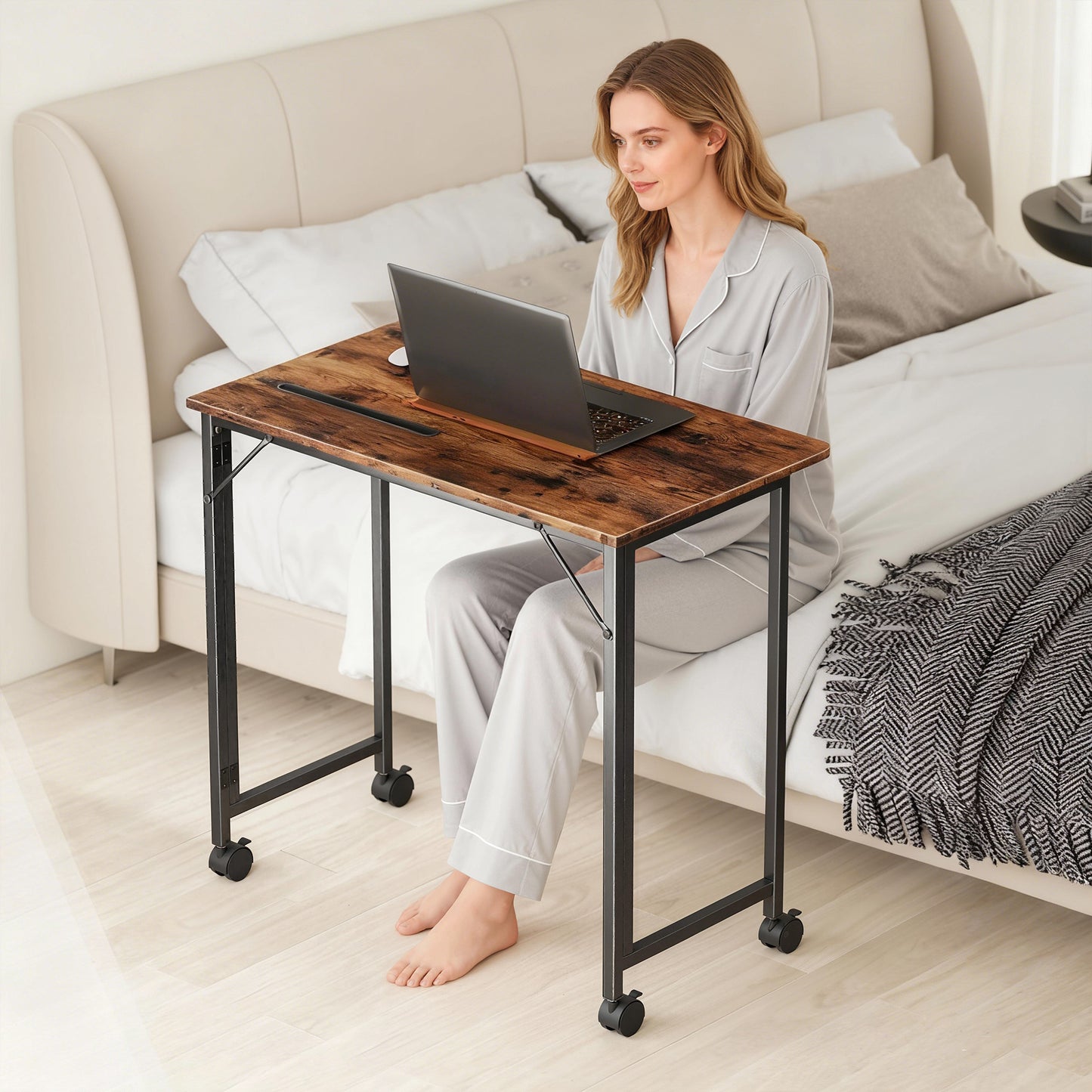Folding Small Desk on Wheels - Rustic Brown