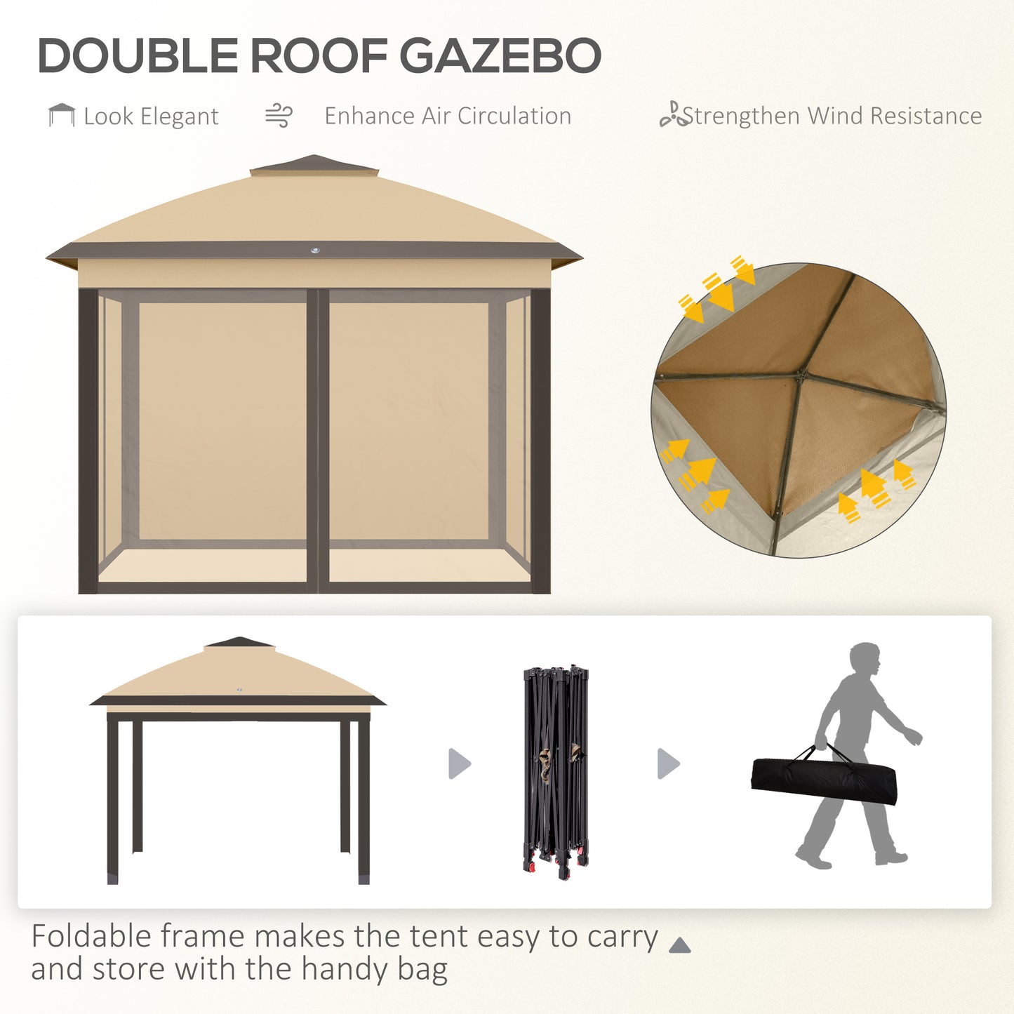 3.3 x 3.3m Pop Up Gazebo, Double Roof Foldable Canopy Tent with Zipped Mesh Sidewalls, Height Adjustable and Carrying Bag