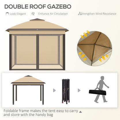 3.3 x 3.3m Pop Up Gazebo, Double Roof Foldable Canopy Tent with Zipped Mesh Sidewalls, Height Adjustable and Carrying Bag