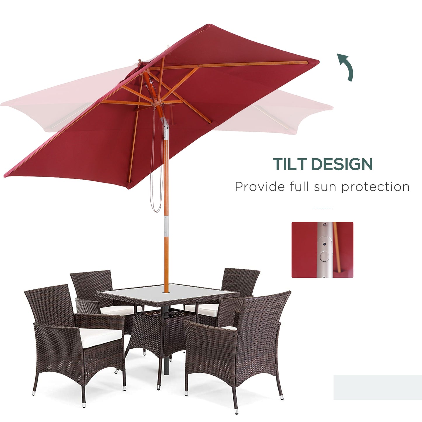 2m x 1.5m Garden Parasol Umbrella with Tilting Sunshade Canopy, Outdoor Market Table Umbrella with Wood and Bamboo Frame