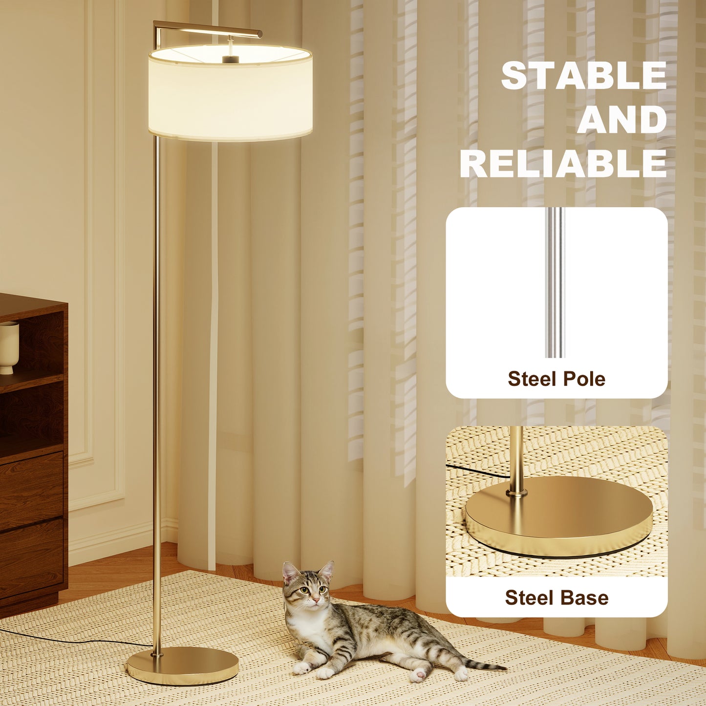 Floor Lamp, Modern Standing Lamp with Linen Lampshade, Round Base for Living Room, Bedroom, Dining Room, 153cm, Silver Tone