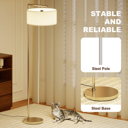 Floor Lamp, Modern Standing Lamp with Linen Lampshade, Round Base for Living Room, Bedroom, Dining Room, 153cm, Silver Tone