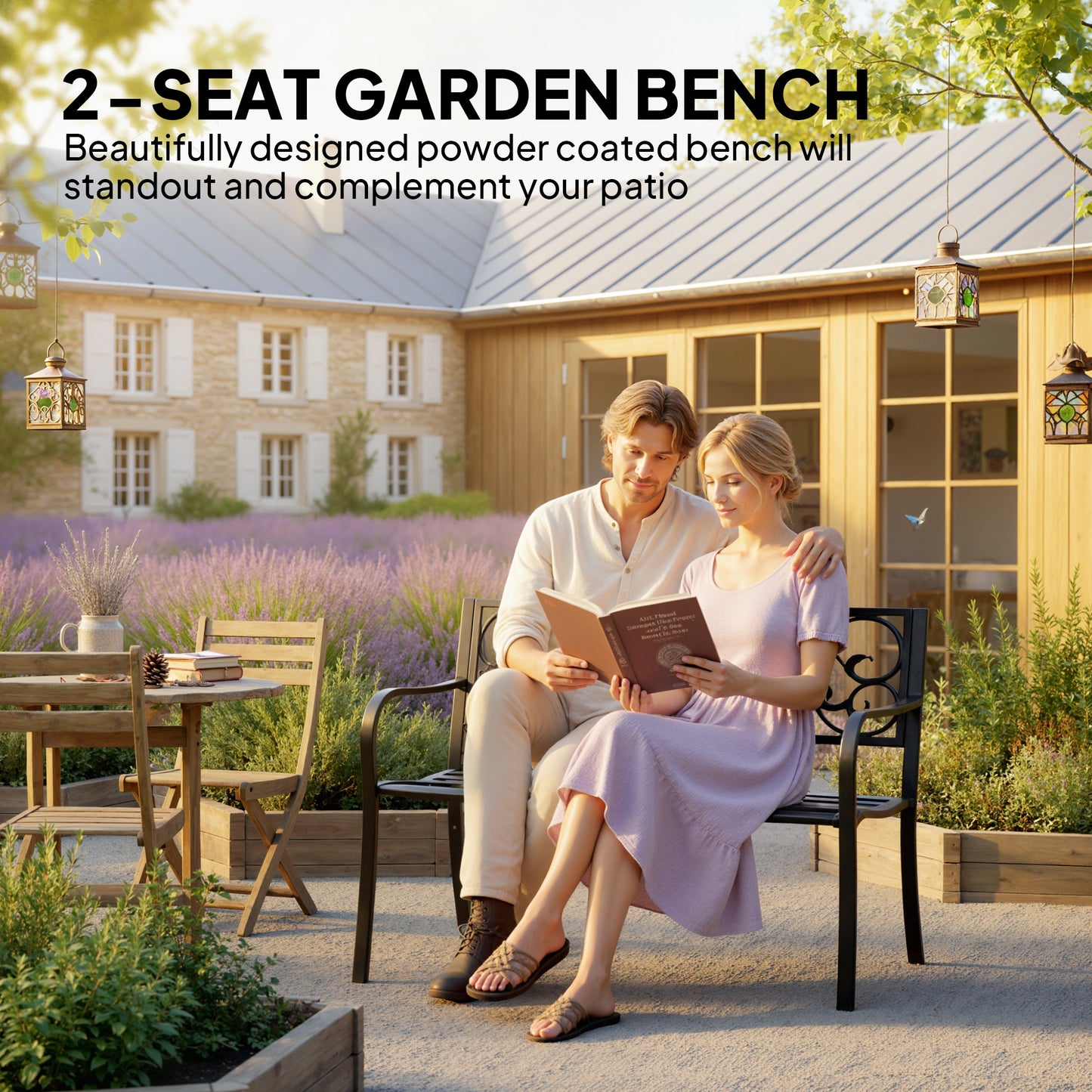 Metal Garden Bench with Floral Backrest and Armrests - Black
