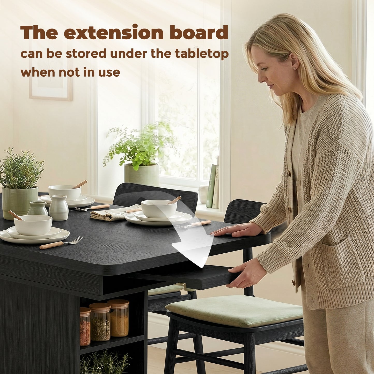 Extendable Dining Table for 4-6 People, 110-130cm Kitchen Table with 6 Open Shelves, Black