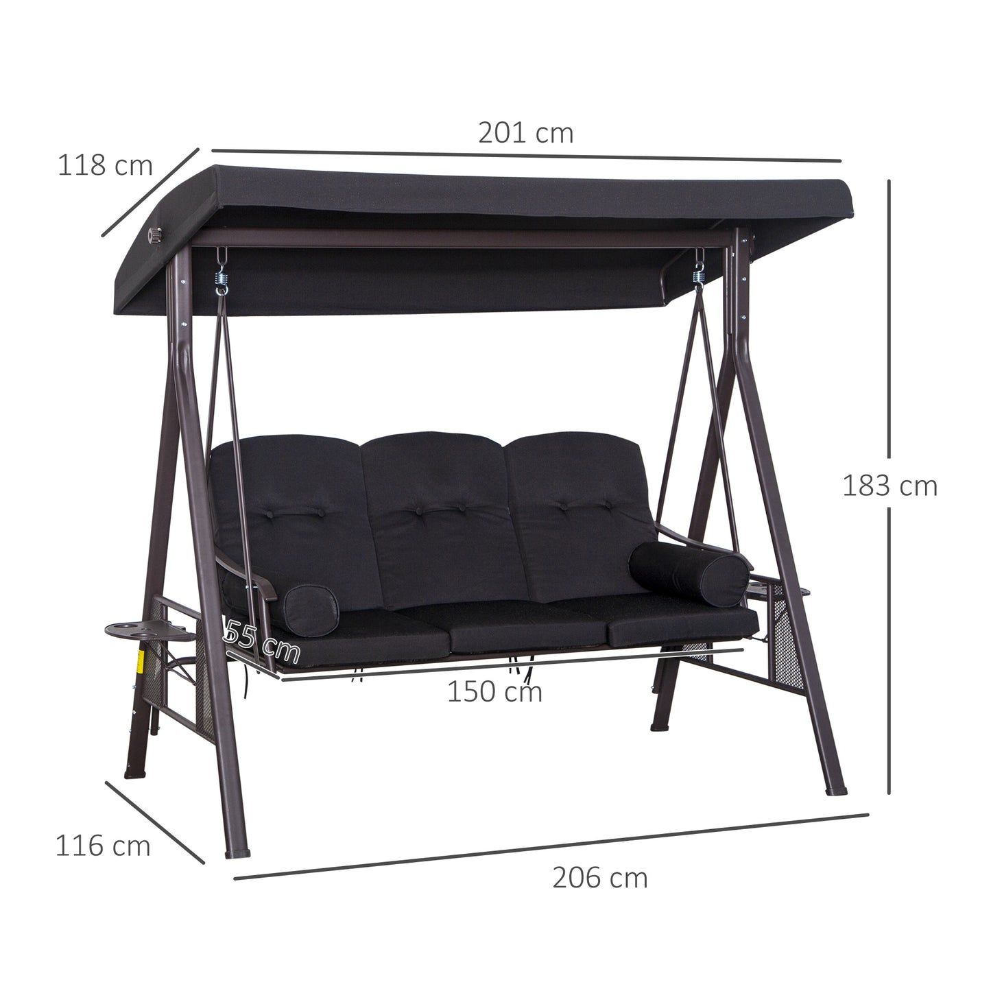 3 Seater Swing Chair Hammock Chair with Adjustable Canopy, Black