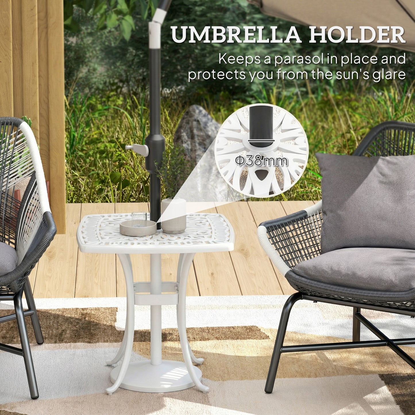 Outdoor Garden Table with 38mm Dia. Umbrella Hole, Cast Aluminium Patio End Table with Anti-slip Foot Pads for Garden