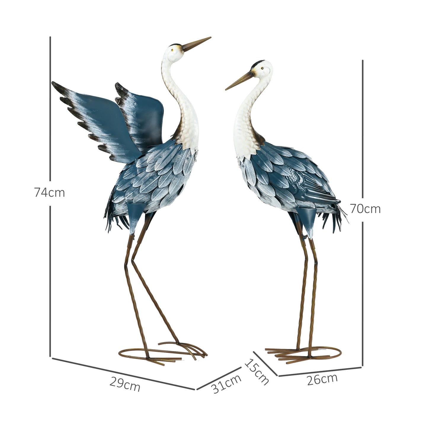 Heron Garden Statues, Standing Garden Ornament, Metal Garden Gift with Stakes, Blue & White