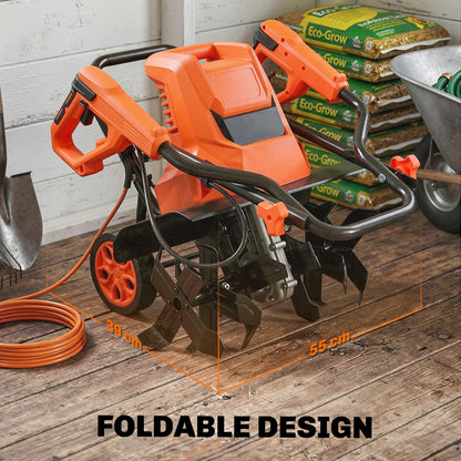 1500W Electric Garden Tiller w/Foldable Handle, 40cm Working Width, 20cm Tilling Depth, 6 Blades, 2 Adjustable Wheels