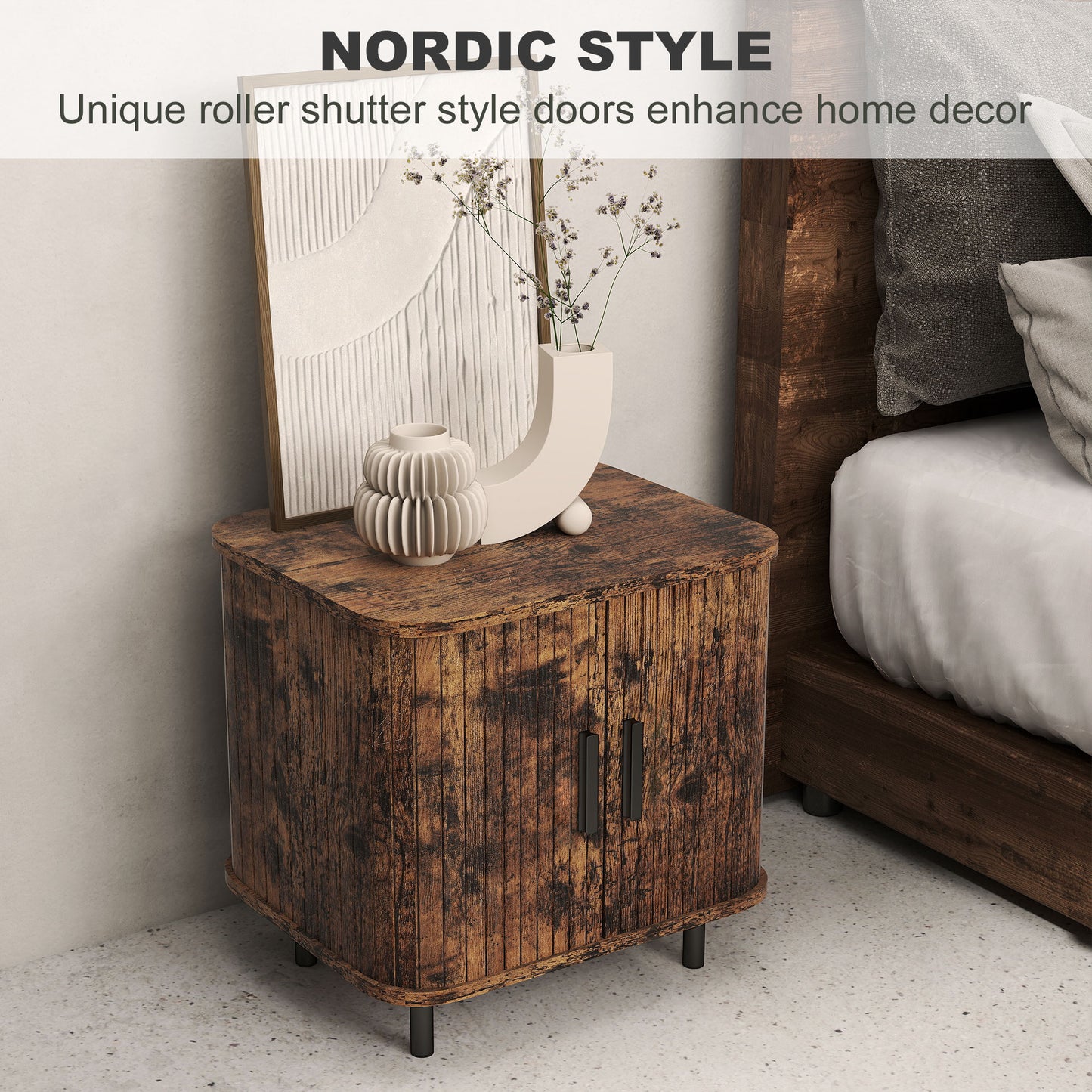 Nightstand with Sliding Doors and Metal Legs Rustic Brown
