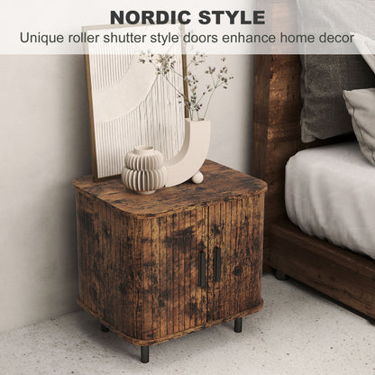 Nightstand with Sliding Doors and Metal Legs Rustic Brown