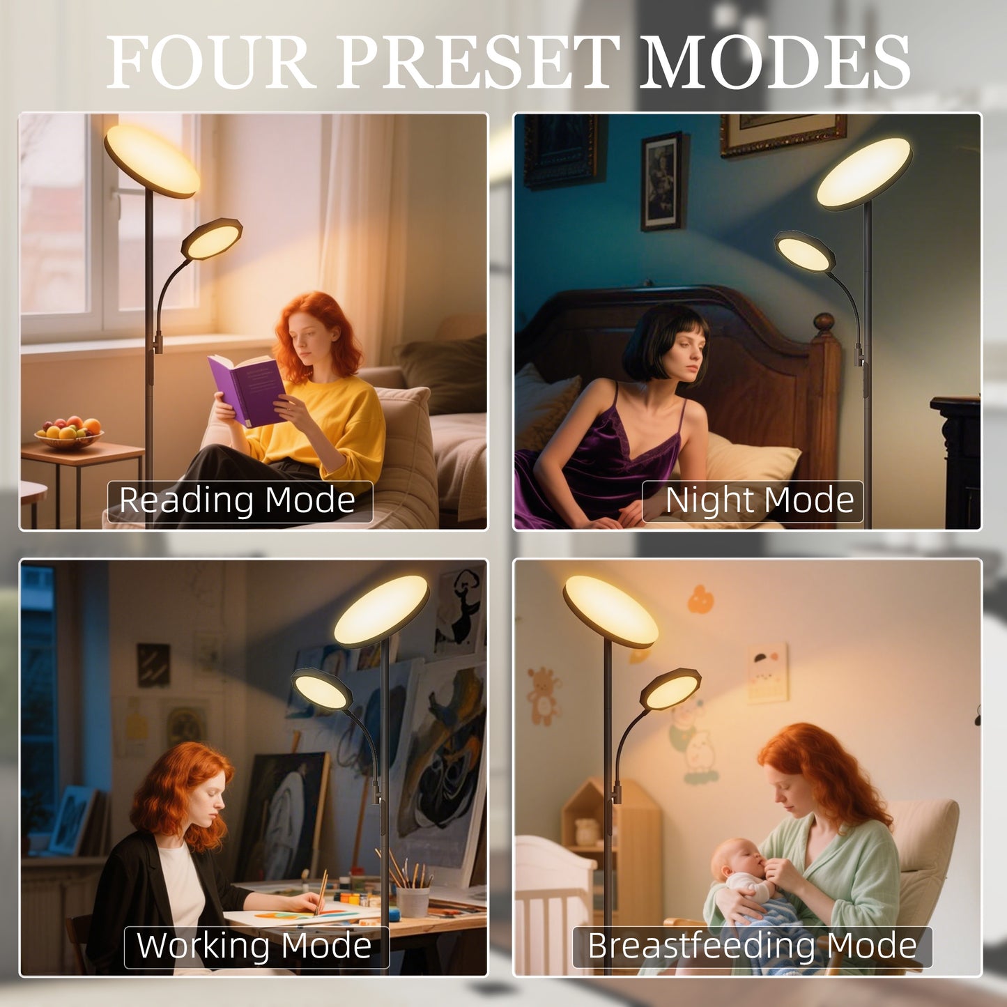 LED Floor Lamp for Living Room, Stepless Dimmable Standing Lamp, Mother and Child Uplighter with Reading Light