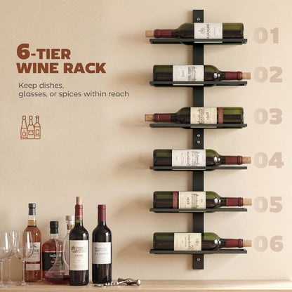 Wall Mounted Wine Rack, 6 Tier Metal Wine Display Rack, Storage Holder for Kitchen, Black