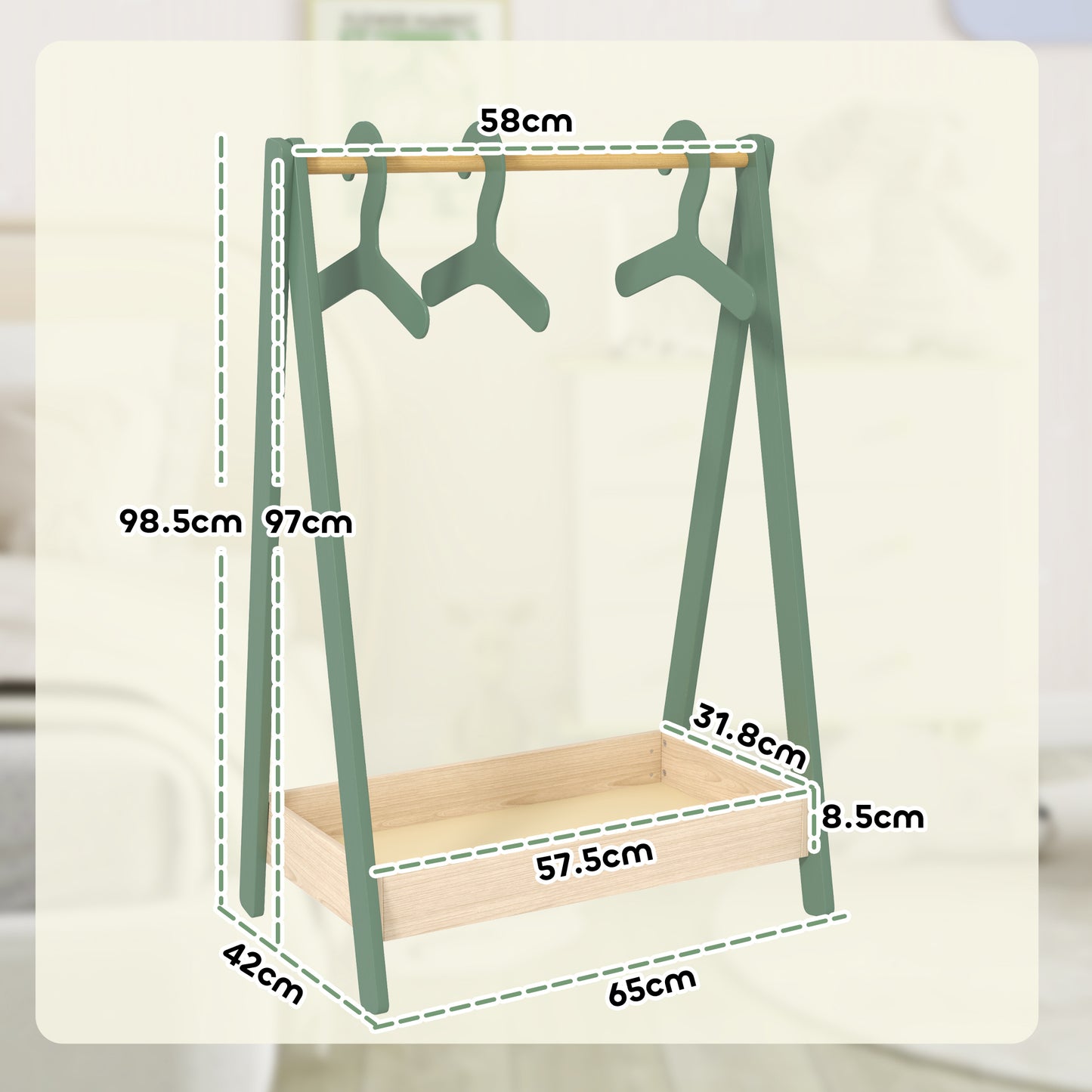 Kids Clothes Rail with 3Hangers, Bottom Storage Shelf for Girls, Boys, Nursery, Bedroom, Green