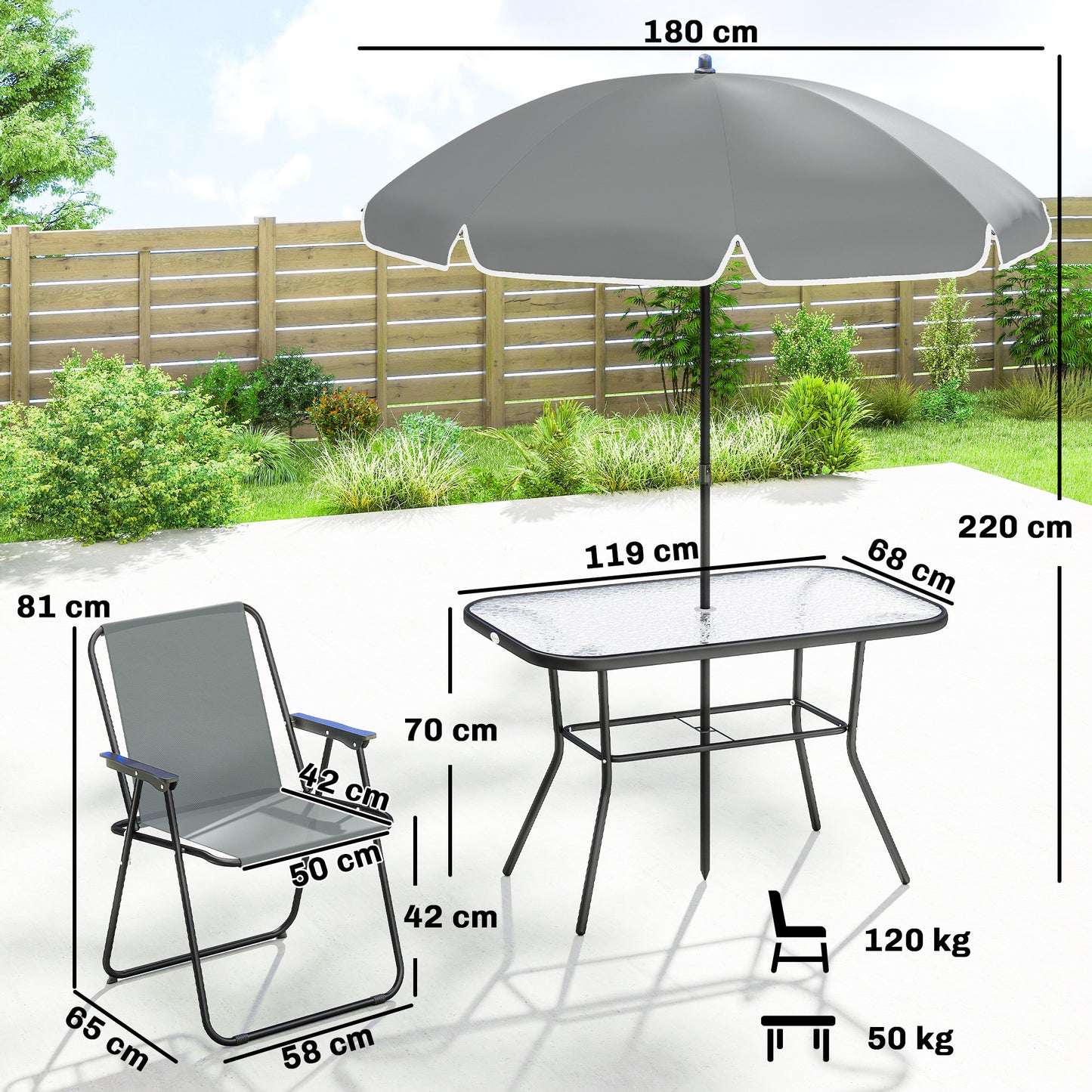 8 Piece Garden Dining Set with Umbrella, Garden Furniture Set with 6 Folding Chairs, Tempered Glass Table for Patio Grey