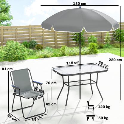 8 Piece Garden Dining Set with Umbrella, Garden Furniture Set with 6 Folding Chairs, Tempered Glass Table for Patio Grey
