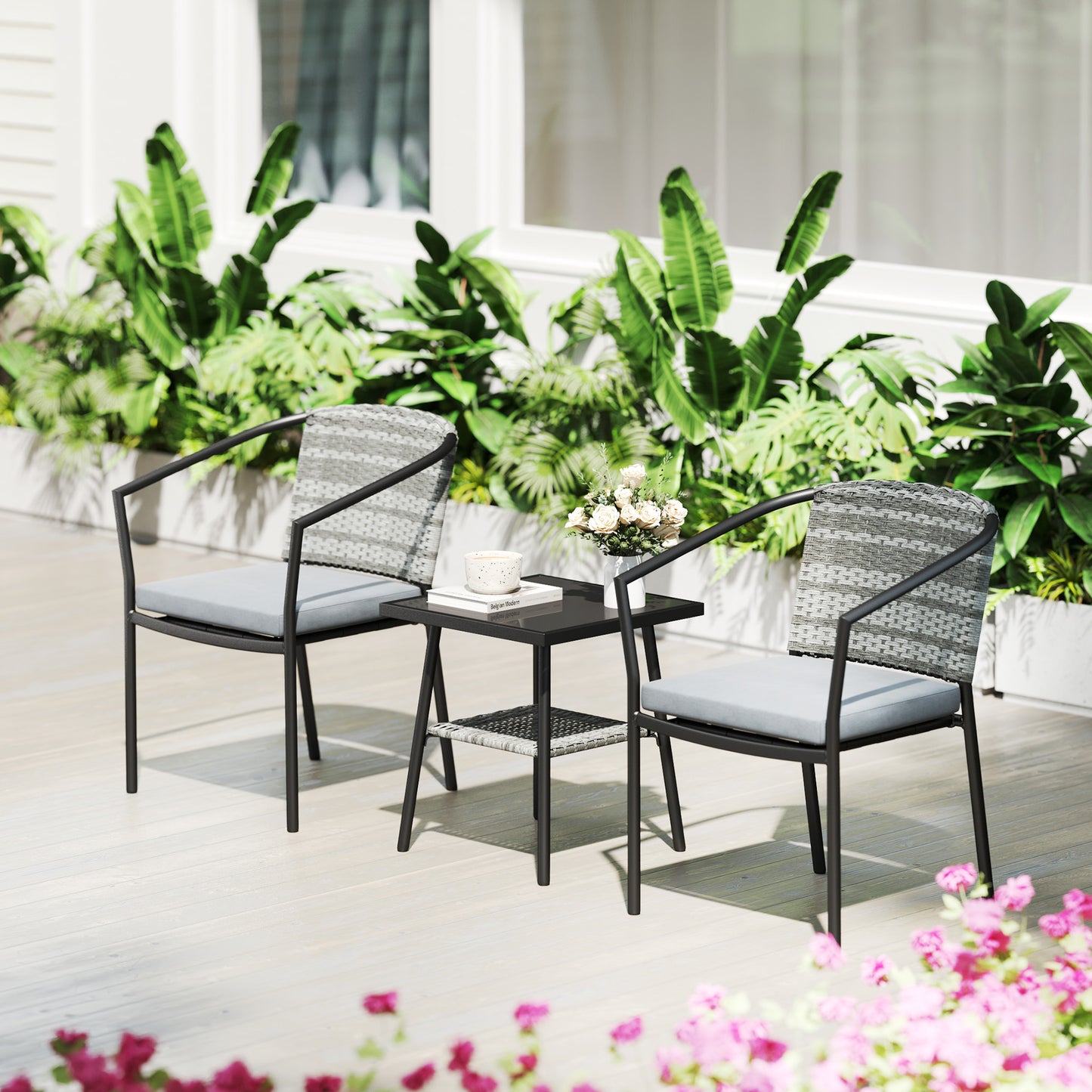3 Pieces Rattan Bistro Set with Cushions, Wicker Garden Furniture Set, Glass Top Coffee Table and Chairs for Outdoor Patio
