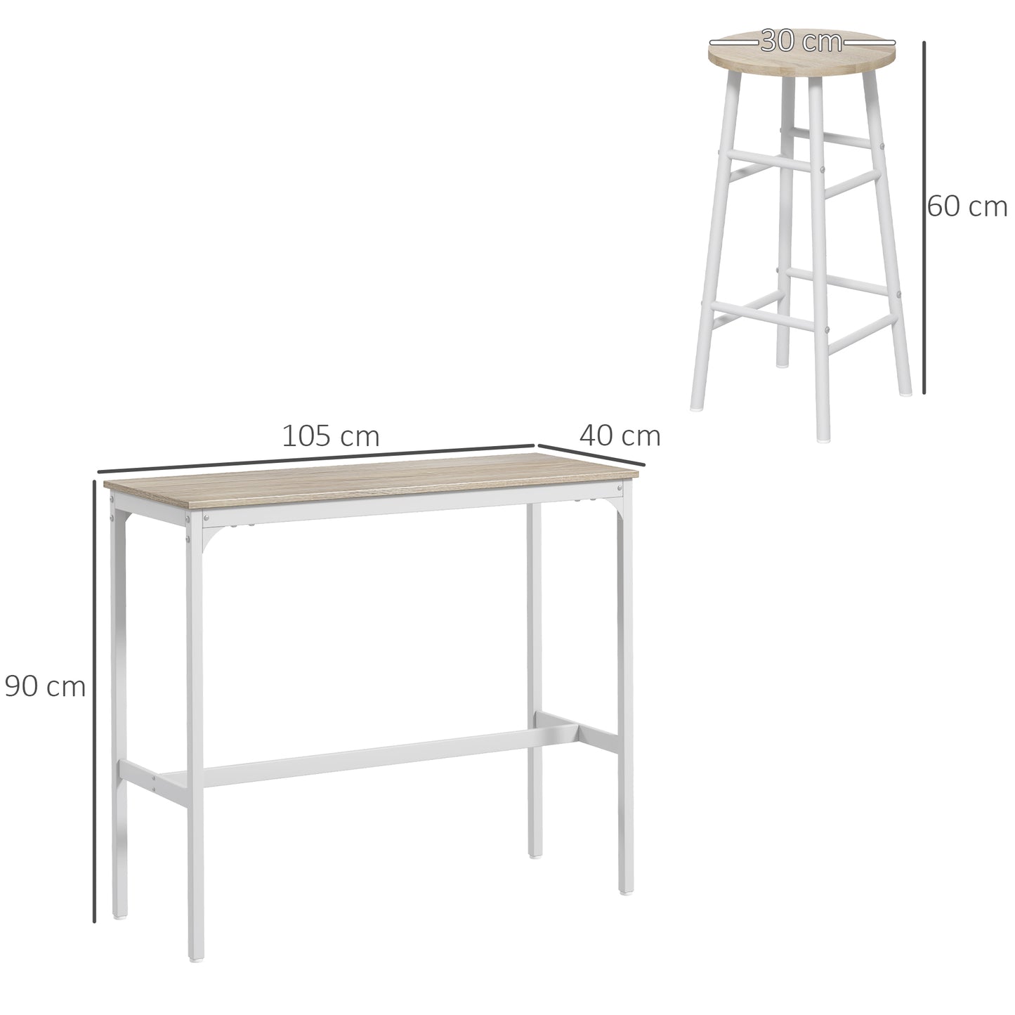 3 Piece Bar Table Set with 2 Stools, Industrial Bar Table and Stool, Dining Table and Chair, Oak