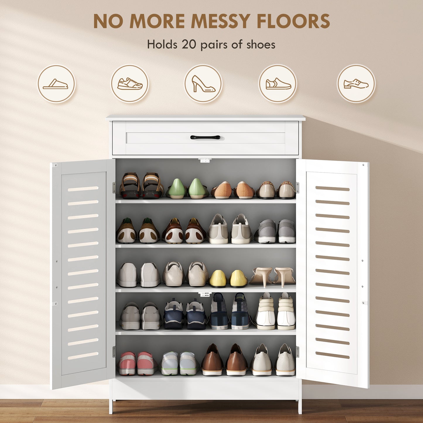 Shoe Cabinet with Louvered Doors, Modern Shoe Storage Cabinet with Drawer and Adjustable Shelves, White