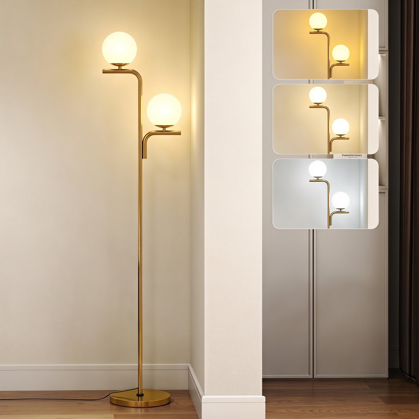 LED Floor Lamp, Modern Standing Lamp with 3 Colour Temperatures, Globe Glass Shades and Foot Switch, Gold Tone