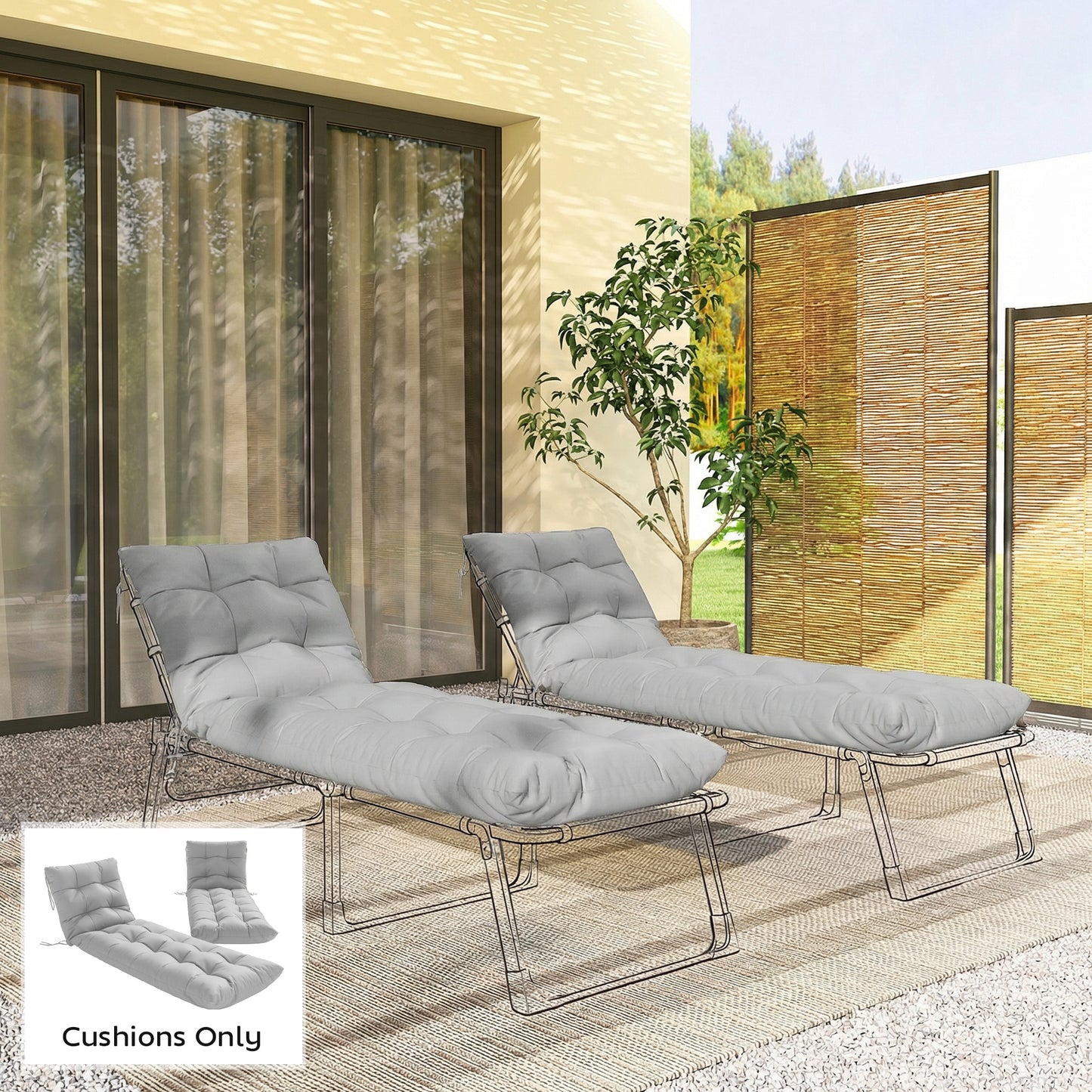 Sun Lounger Cushions Only, Garden Lounge Chair Cushions Set of 2, Sunbed Replacement Pads with 4 Ties, Light Grey