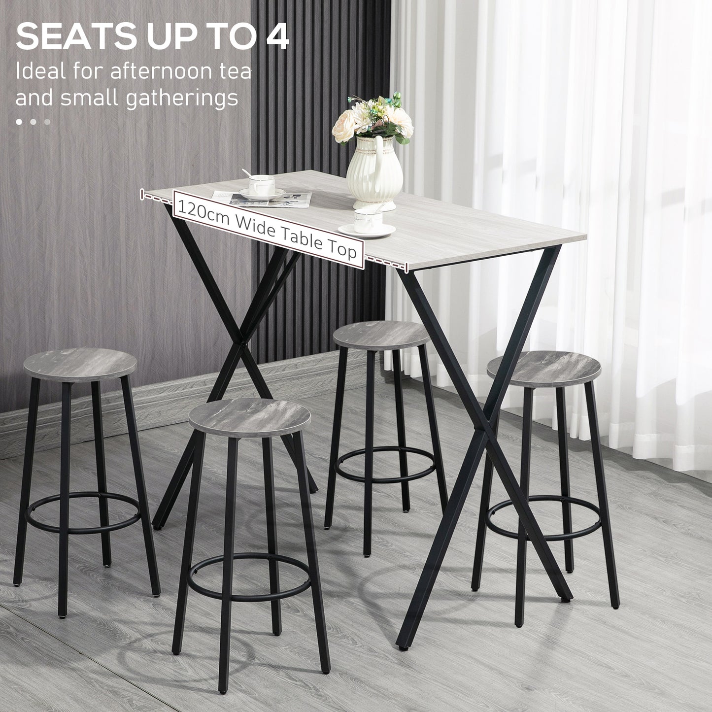 120 cm Rectangular Bar Table for 4 People, Modern Breakfast Bar Table with Wood Effect Tabletop, Steel Legs