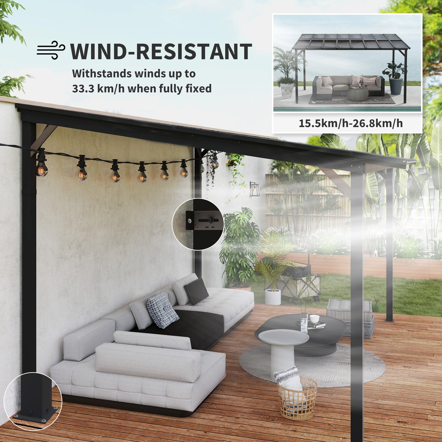 3 x 4.3 m Lean to Pergola with UPF 50+ Waterproof Polycarbonate Roof