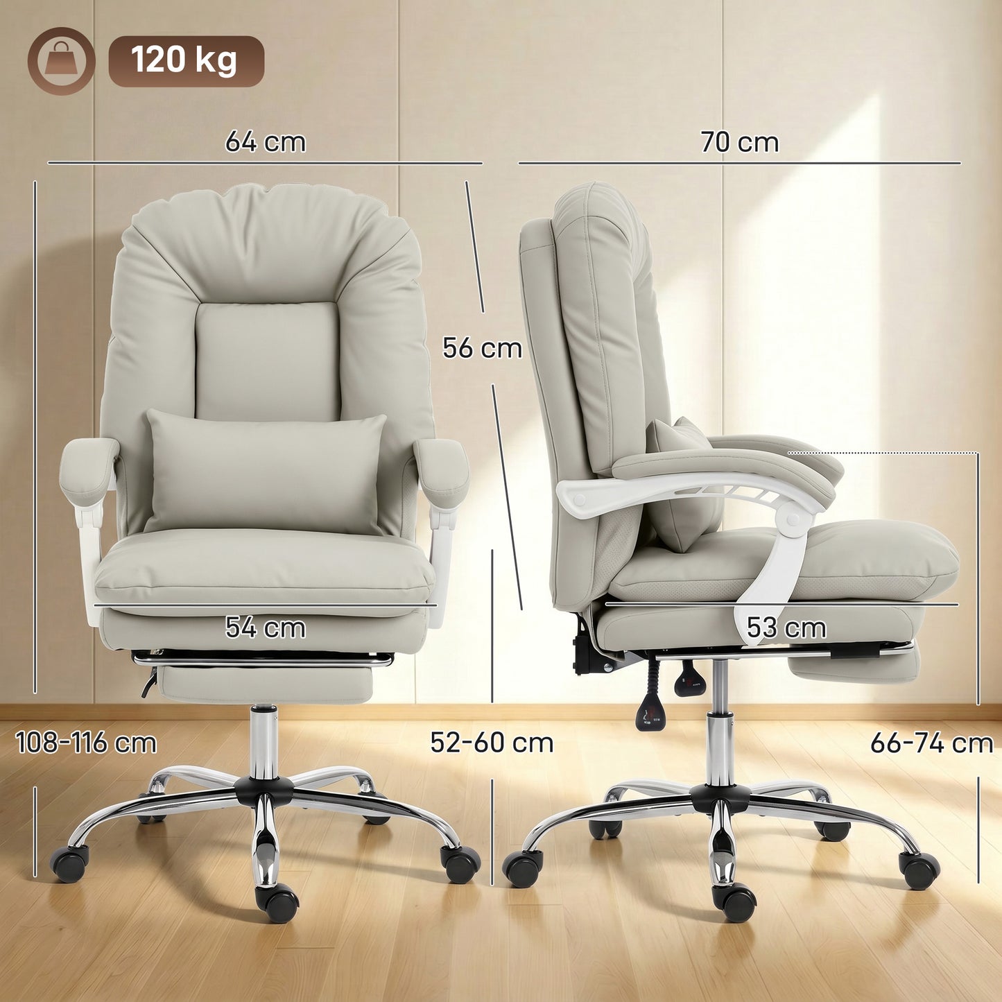 Ergonomic Executive Office Chair, Reclining Desk Chair with Lumbar Support, Footrest, Plush Thick Cushion, Khaki