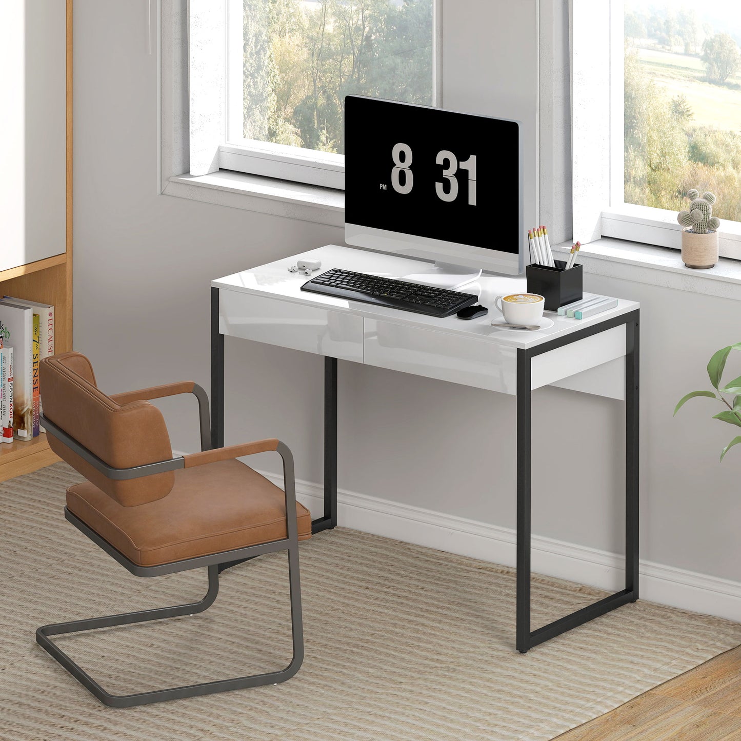 High Gloss Work Table, with Drawers - White