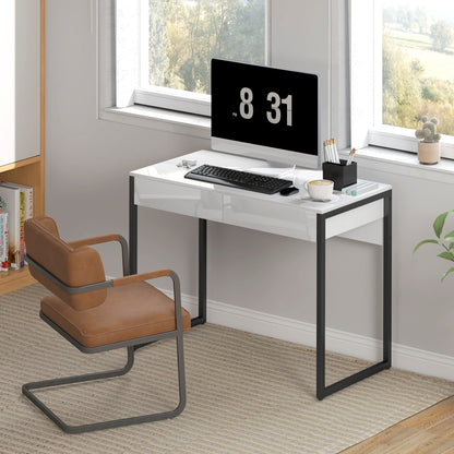High Gloss Work Table, with Drawers - White