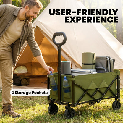 60L Foldable Festival Trolley on Wheels, Collapsible Wagon Cart with Drop-Down Tailgate, Adjustable Handle, Green