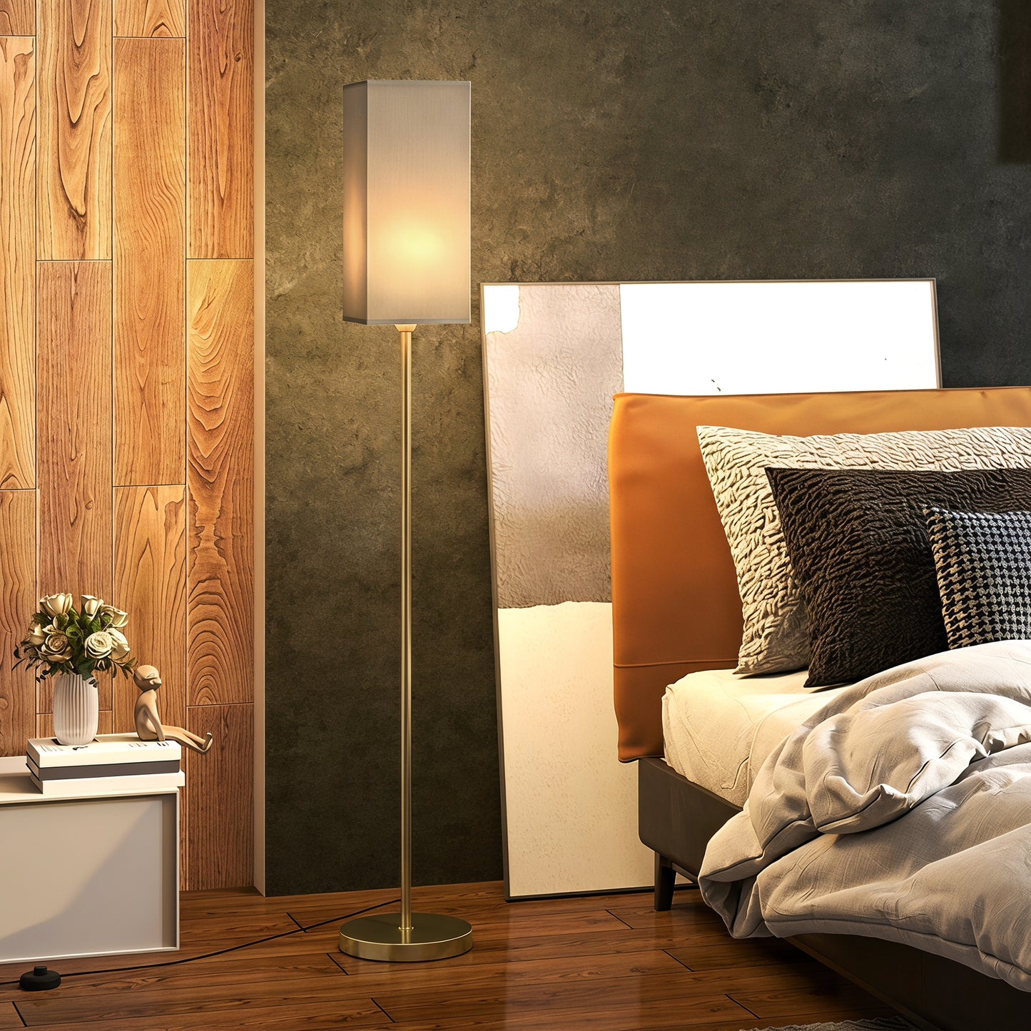 Floor Lamp, Modern Standing Lamp with Linen Shade and Foot Switch, Tall Lamps for Bedroom, Bulb not Included, Gold Tone
