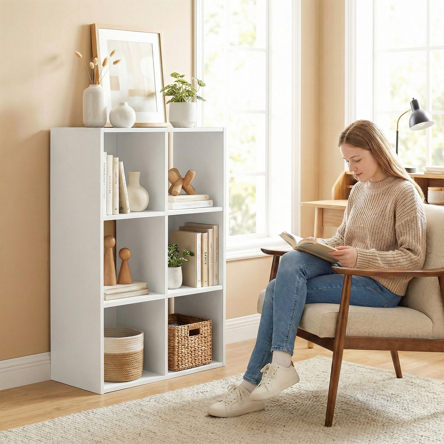 Industrial Style Storage Shelf, Bookcase, Bookshelf with 6 Compartments, for Living Room, Home Study, White Wood Effect