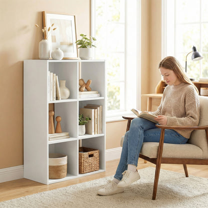 Industrial Style Storage Shelf, Bookcase, Bookshelf with 6 Compartments, for Living Room, Home Study, White Wood Effect