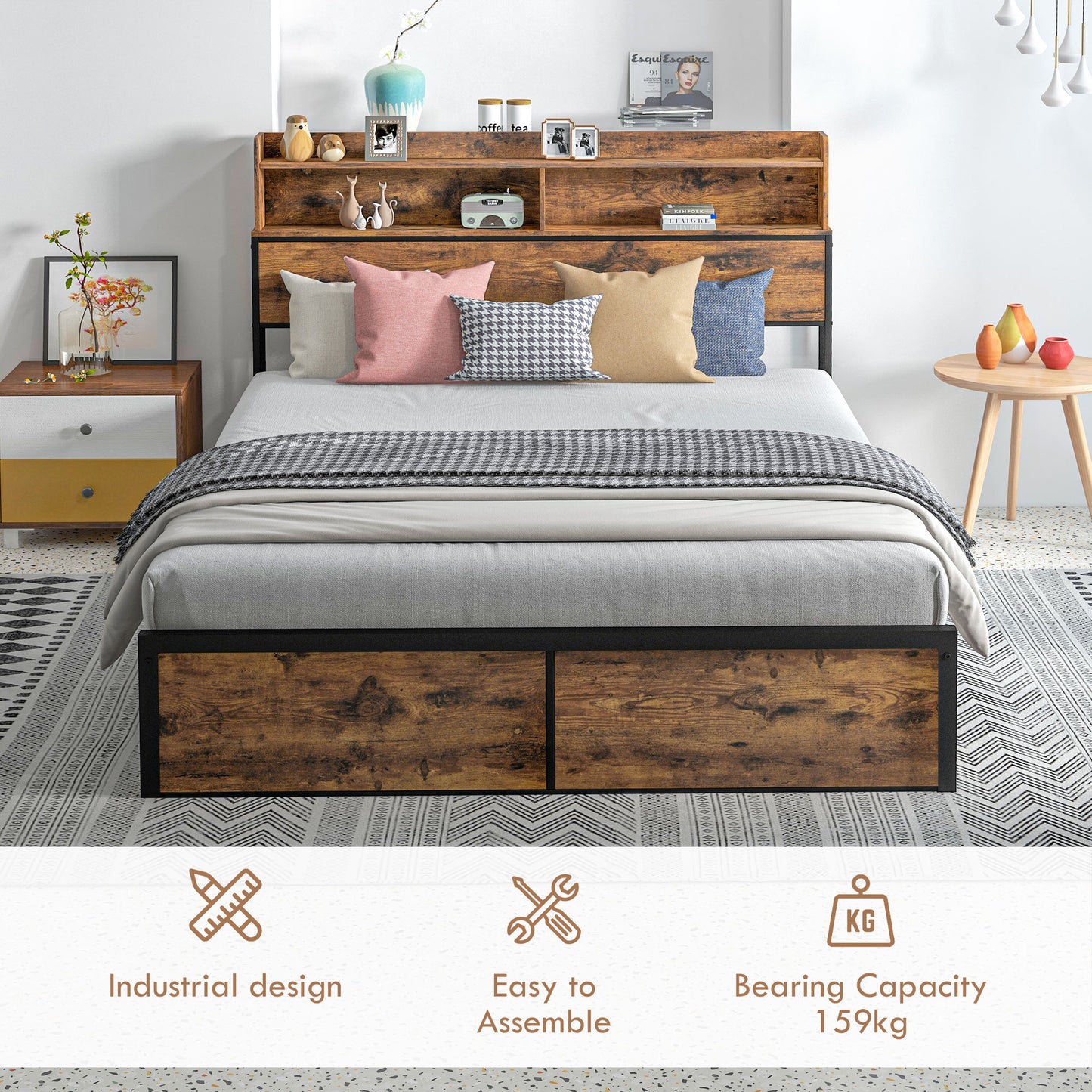 Industrial King Bed Frame, 5.2FT Steel Bed Base with Storage Headboard, Footboard, Slatted Support and Under Bed Storage