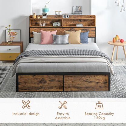 Industrial King Bed Frame, 5.2FT Steel Bed Base with Storage Headboard, Footboard, Slatted Support and Under Bed Storage