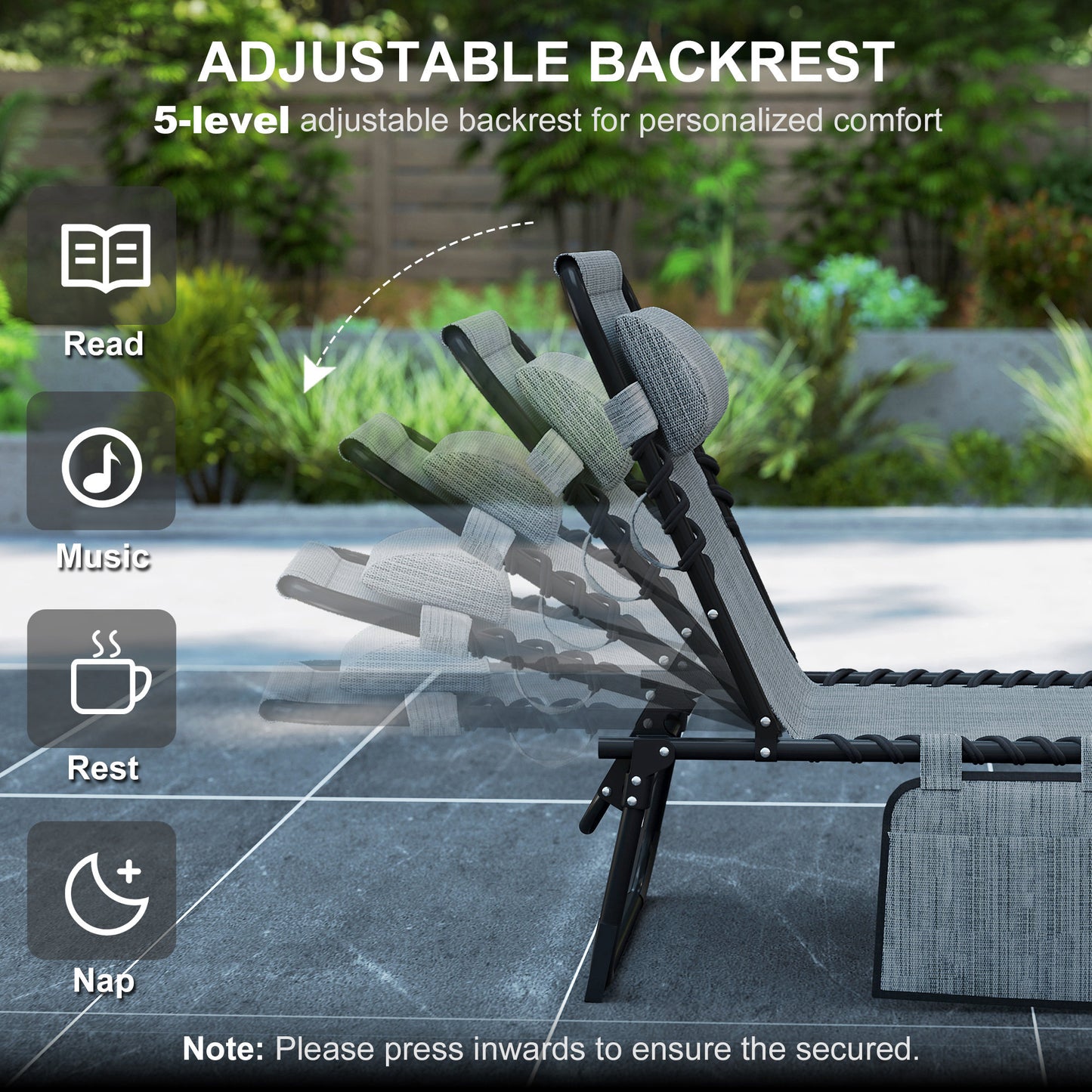 Portable Sun Lounger, Folding Camping Bed Cot, Reclining Lounge Chair 5-position Adjustable Backrest with Side Pocket