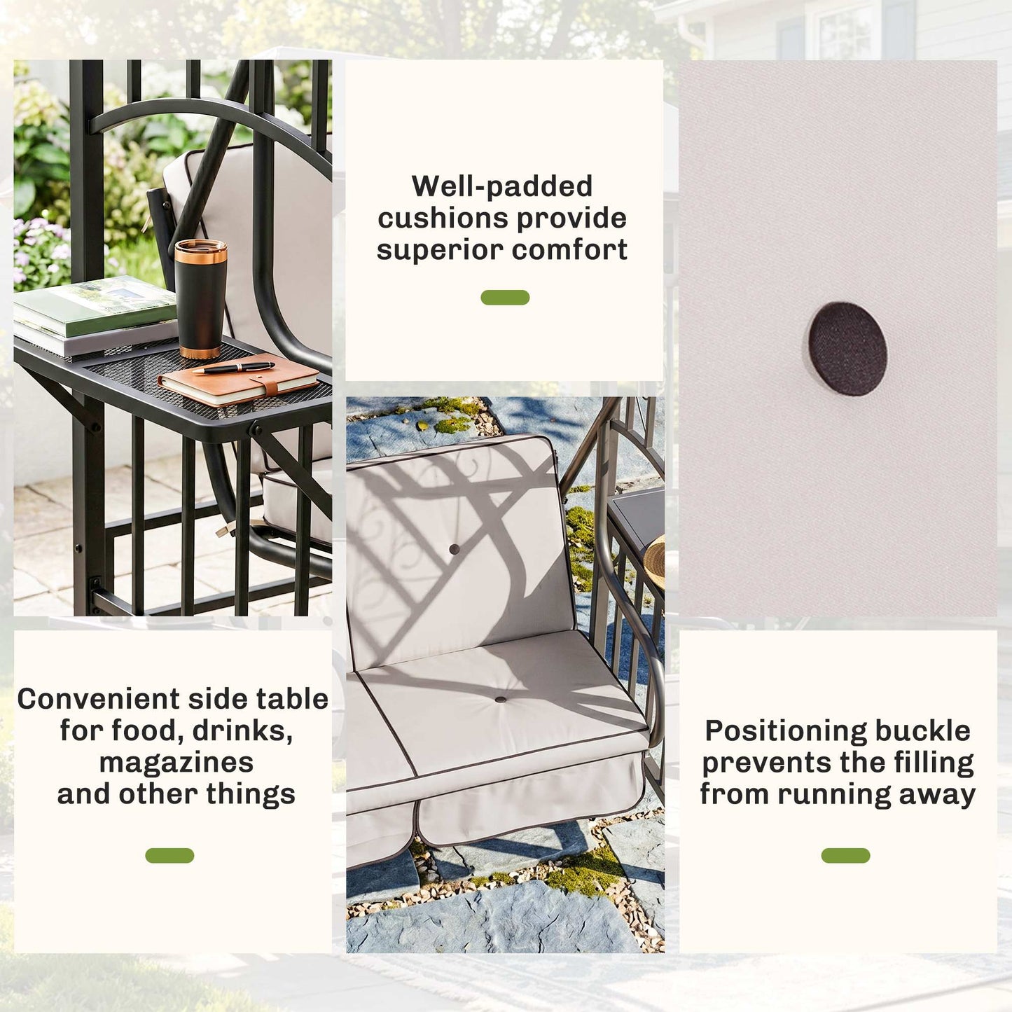 Outdoor Garden 2 Seater Canopy Swing Chair Seat Porch Loveseat Vintage Hammock Cushioned Seat w/ Steel Frame and Side Drink P