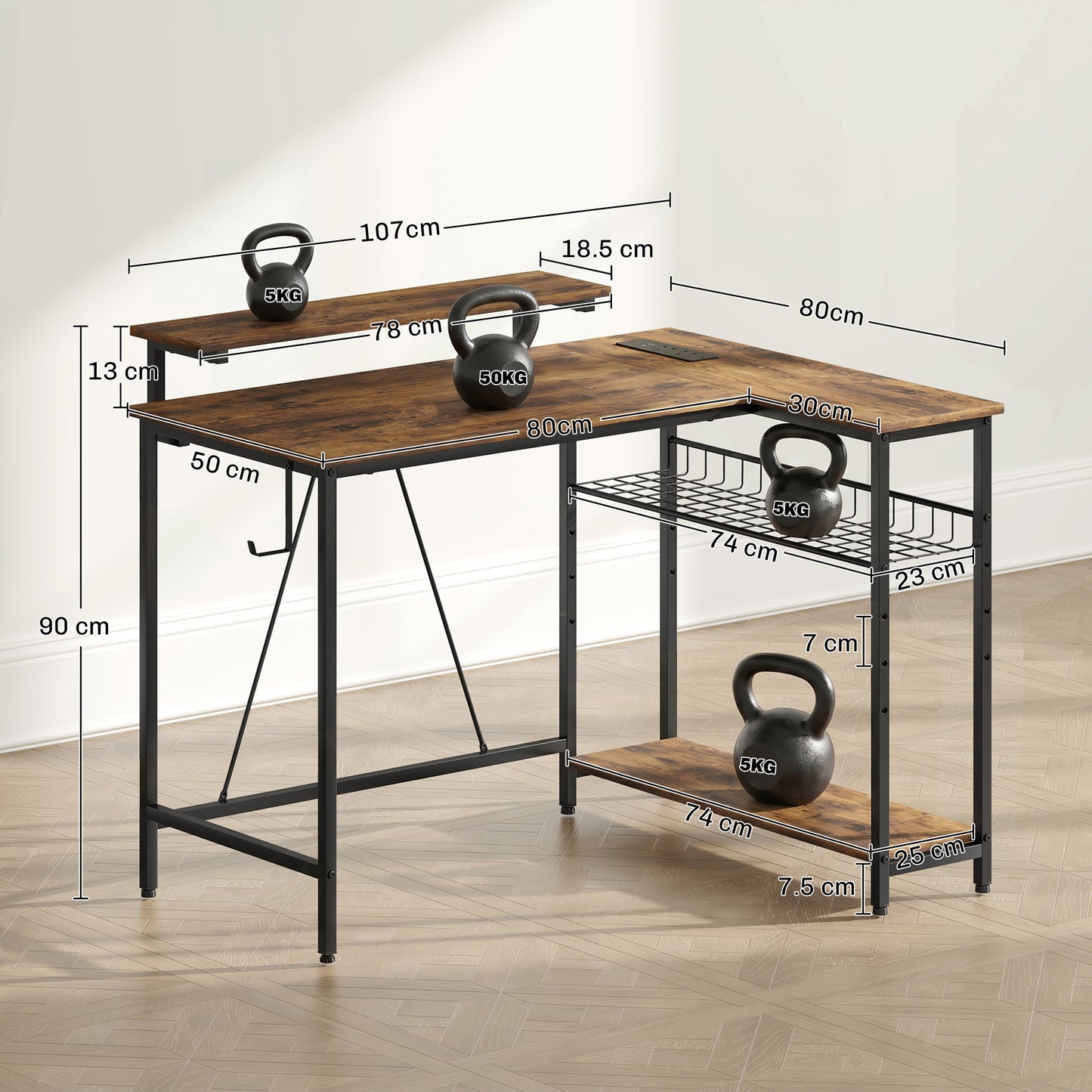 Reversible 'L' LED Light Gaming/Work Desk - Rustic Brown