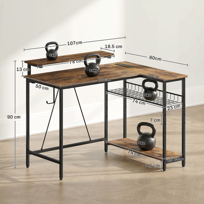 Reversible 'L' LED Light Gaming/Work Desk - Rustic Brown
