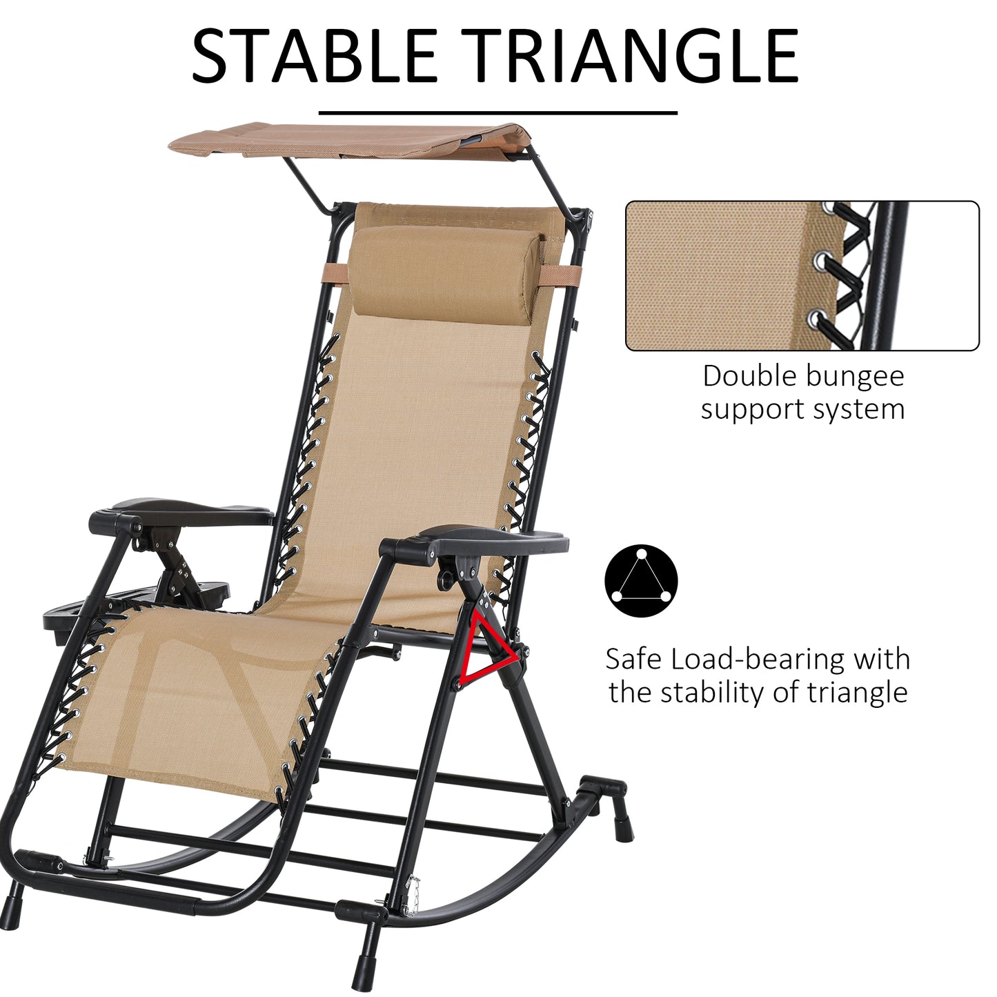 Garden Rocking Chair Folding Recliner Outdoor Adjustable Sun Lounger Rocker Zero-Gravity Seat with Headrest Side Holder Patio
