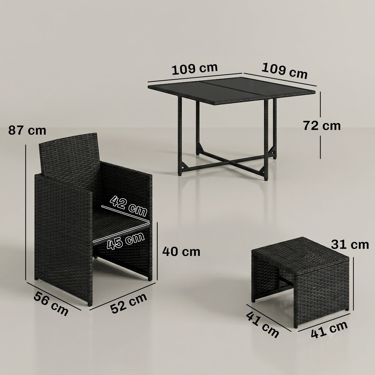9 Piece Rattan Cube Garden Furniture Dining Set with Armchairs, Footstools and Glass-Top Table, Black