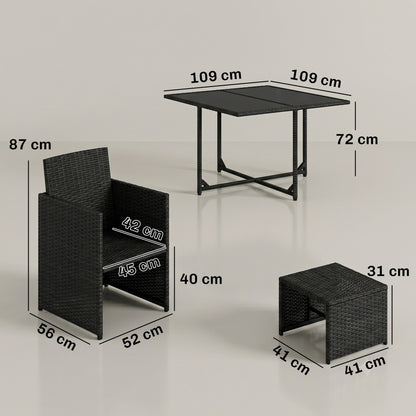 9 Piece Rattan Cube Garden Furniture Dining Set with Armchairs, Footstools and Glass-Top Table, Black