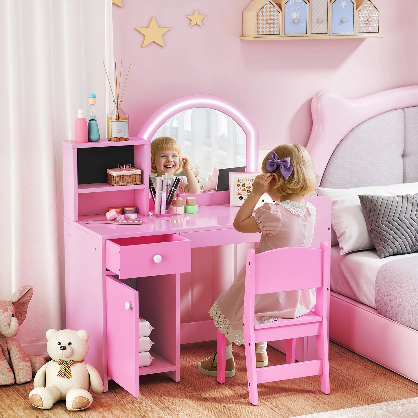 Kids Vanity Table and Chair Set, Girls Dressing Table with 2-Colour LED Mirror, Stool, Cabinet, Drawer, Shelves, Pink