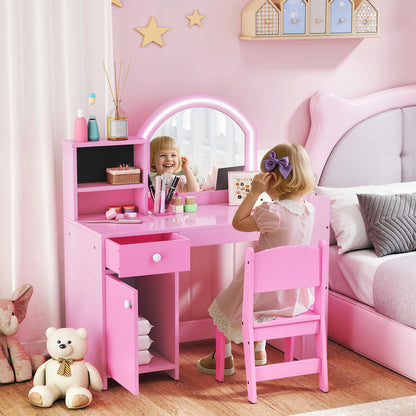 Kids Vanity Table and Chair Set, Girls Dressing Table with 2-Colour LED Mirror, Stool, Cabinet, Drawer, Shelves, Pink