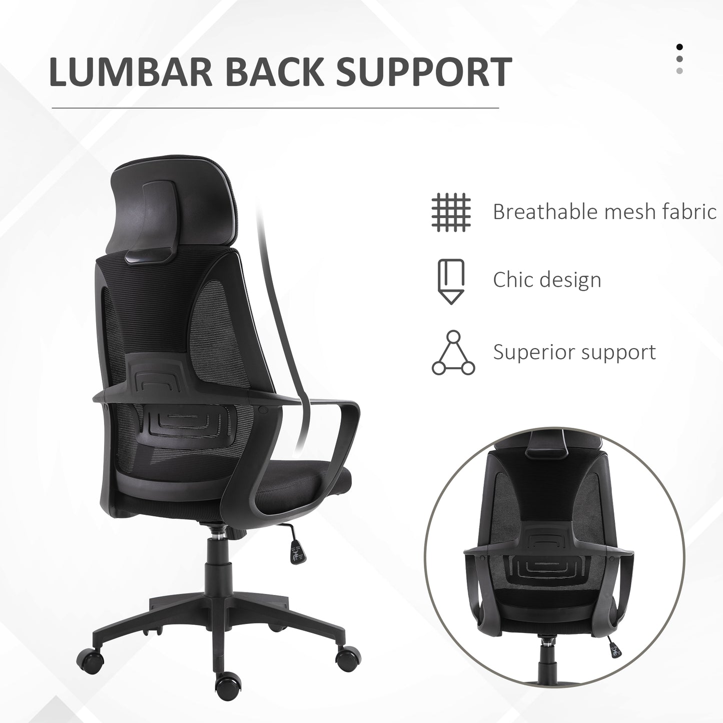 Ergonomic Office Chair, High Back Computer Chair, Mesh Desk Chair with Lumbar Support, Headrest, Wheel, Adjustable Height